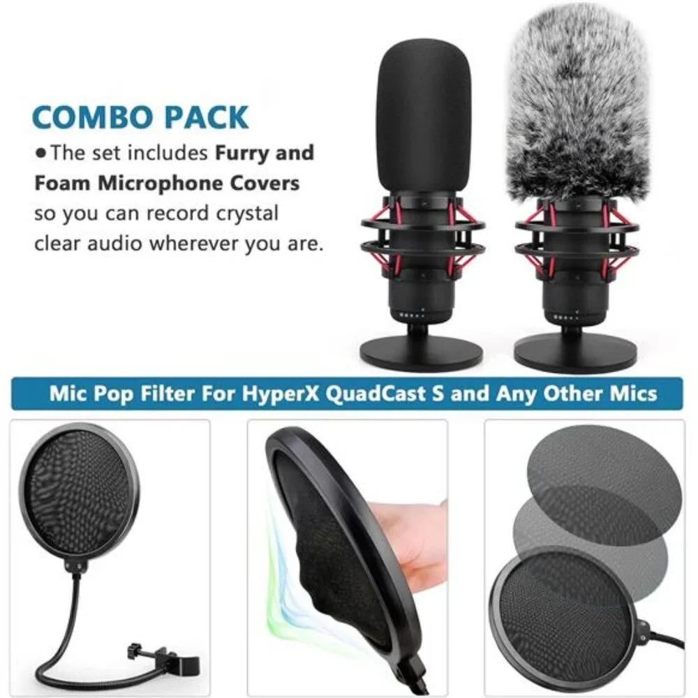Pop Filter for Hyperx Quadcast,3 in 1 Quadcast S Mic Pop Filter+Furry Windscreen